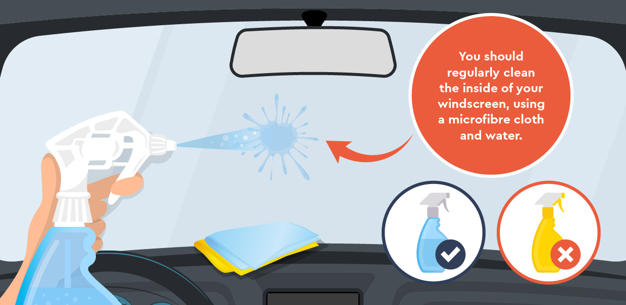 Now clean the inside of your windscreen with a microfiber cloth and water